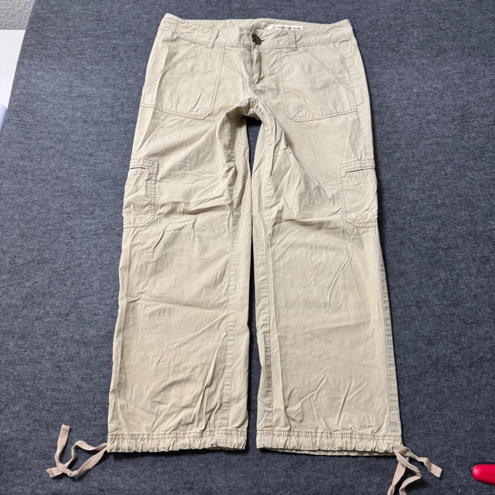 VTG Y2K DKNY Jeans Low Rise Cargo Capri Pants Tan Straight Leg Drawstring Size 8